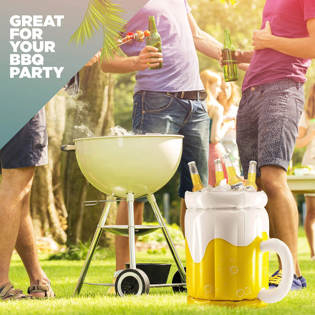 Yellow inflatable beer mug cooler pool float with drink-holding function