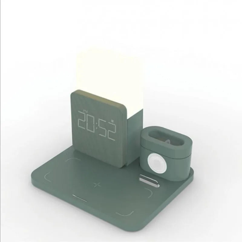 3-in-1 Qi wireless charger stand in black, dark green, or light green, charging a phone, smartwatch, and earbuds on a desk