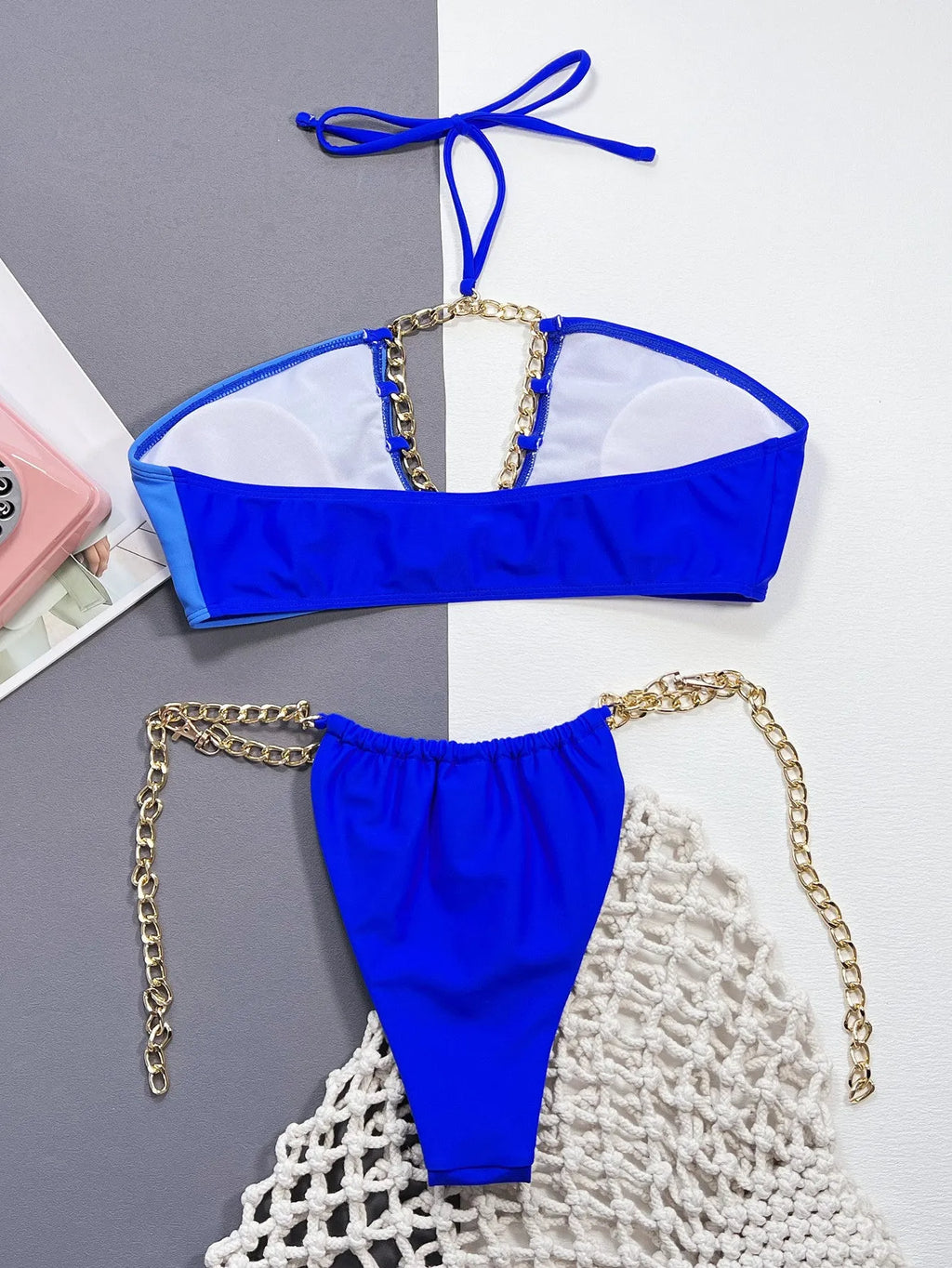 Blue solid colour women's nylon bikini swimwear with split-style design