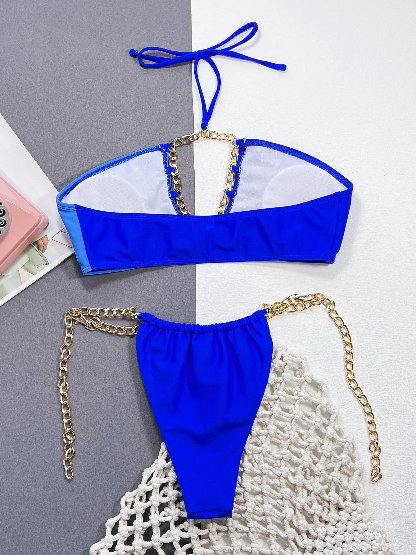 Blue solid colour women's nylon bikini swimwear with split-style design