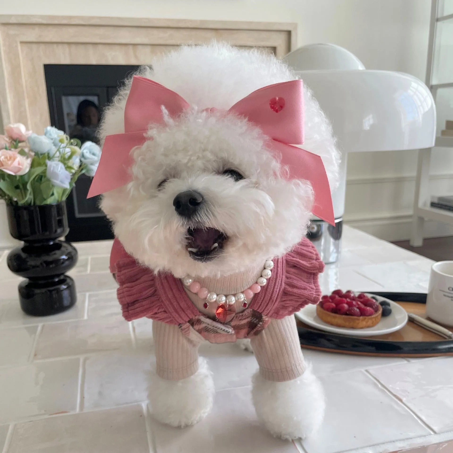 Adjustable dog hair band with princess-style bow on polyester cotton ribbon