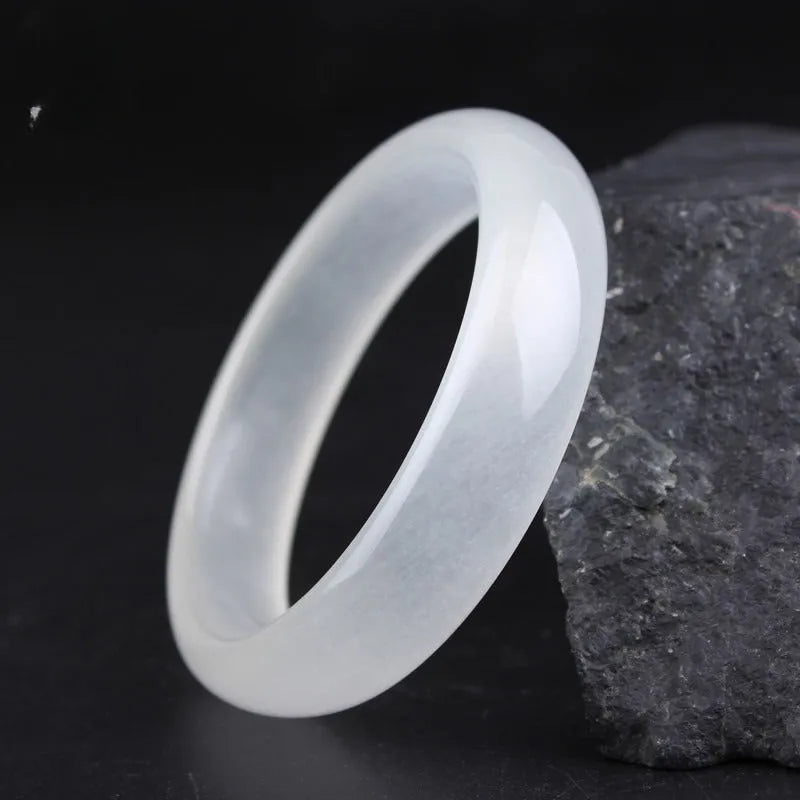 Gao Bing Jade ice-like white bracelet in modern simplicity style, showing flat rod and round rod options.