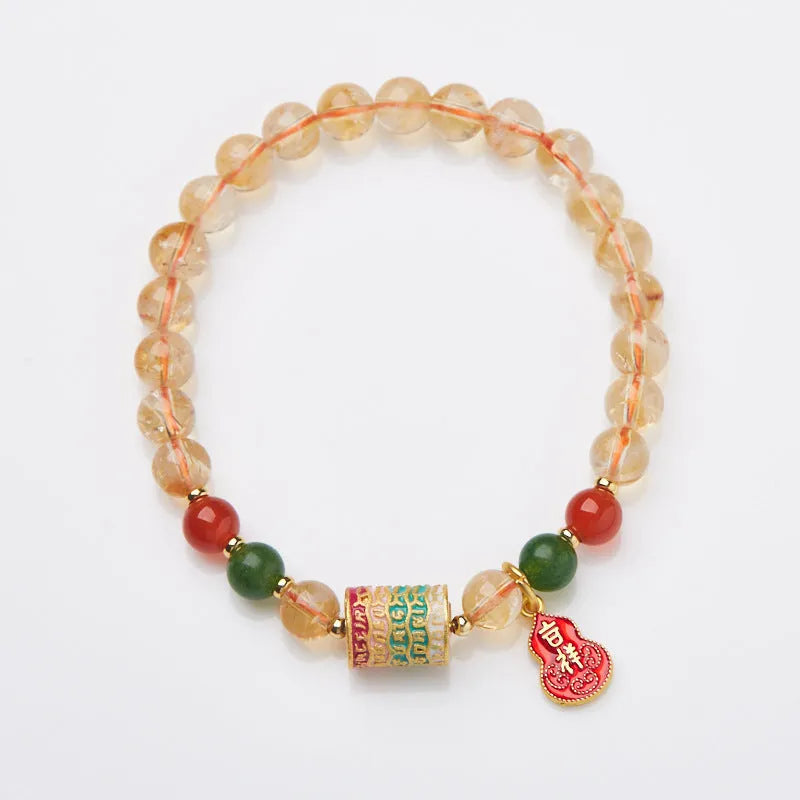 Hand-woven citrine five sutra crystal bracelet with 6mm beads and geometric pattern