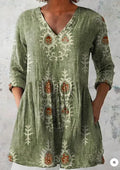 Printed women's wave loose dress with 3/4 sleeves and wide waist design in polyester fabric
