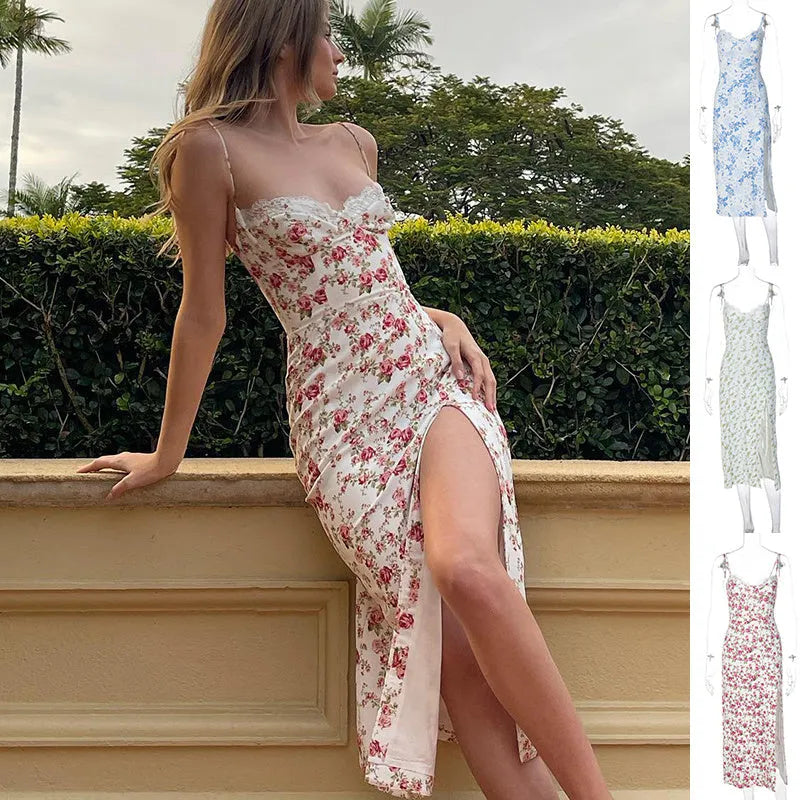 Women's lace flowers print long dress with side slit and adjustable suspender straps in blue, green, or red