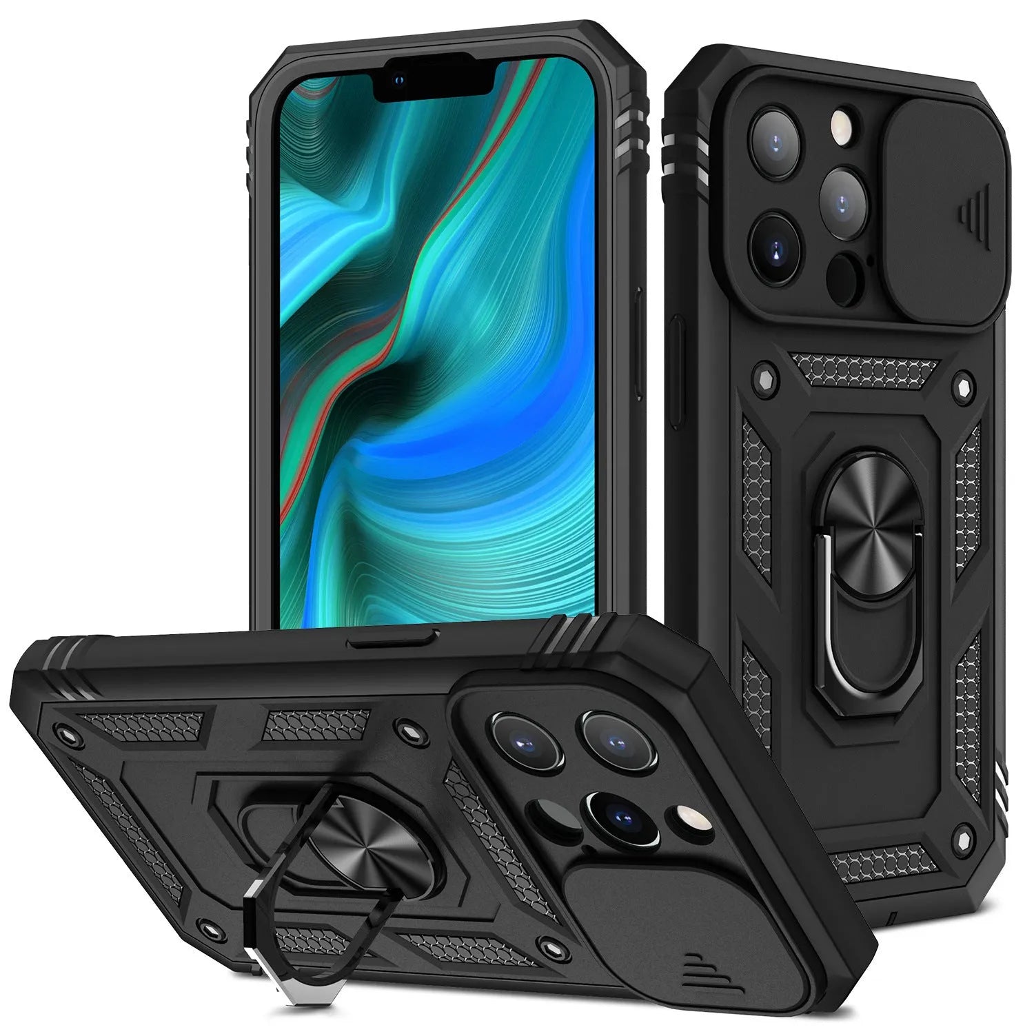 Magnetic iPhone case with sliding bracket in two-tone colours showing adjustable viewing position