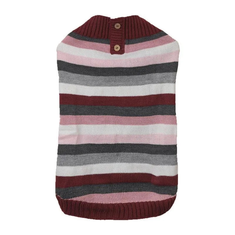 Grey dog sweater with horizontal zipper, button closure, and contrast colour front pockets on a small dog