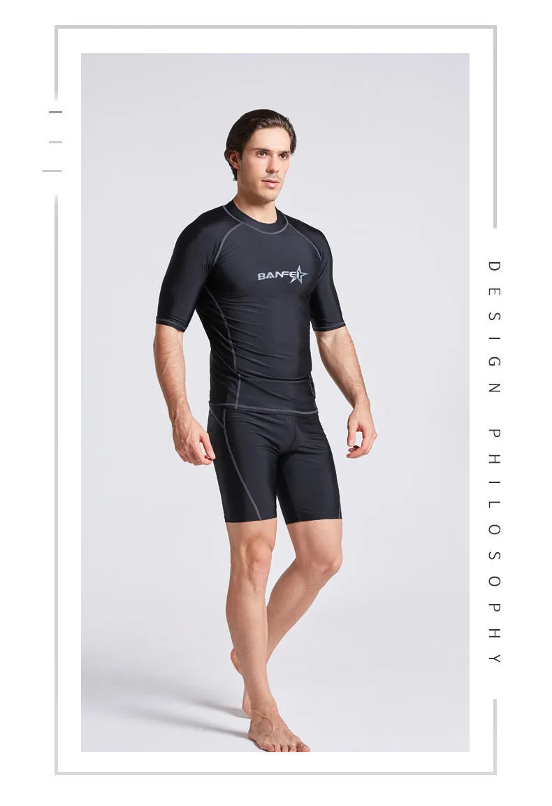 Men's blue quick-dry nylon two-piece swim set with half-sleeve top and swim pants laid flat