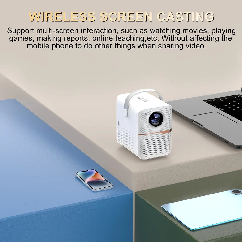 P10 portable Android LCD projector in black or white, showing a 720p display for home cinema.