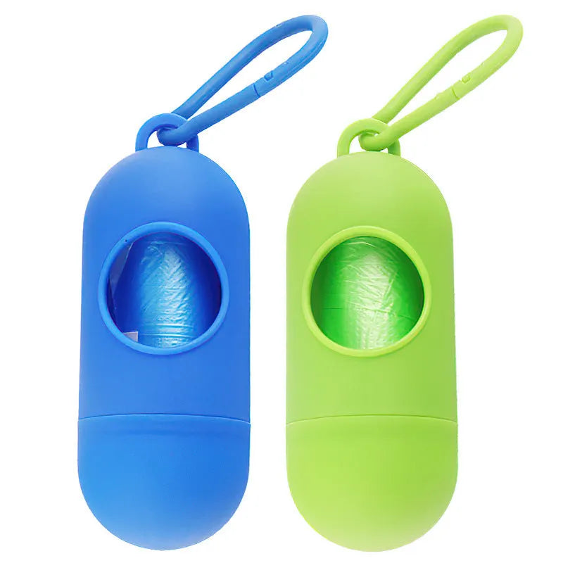 Dog poop bags holder with Velcro strap and plastic side hook showing compact 10x10x5cm dimensions