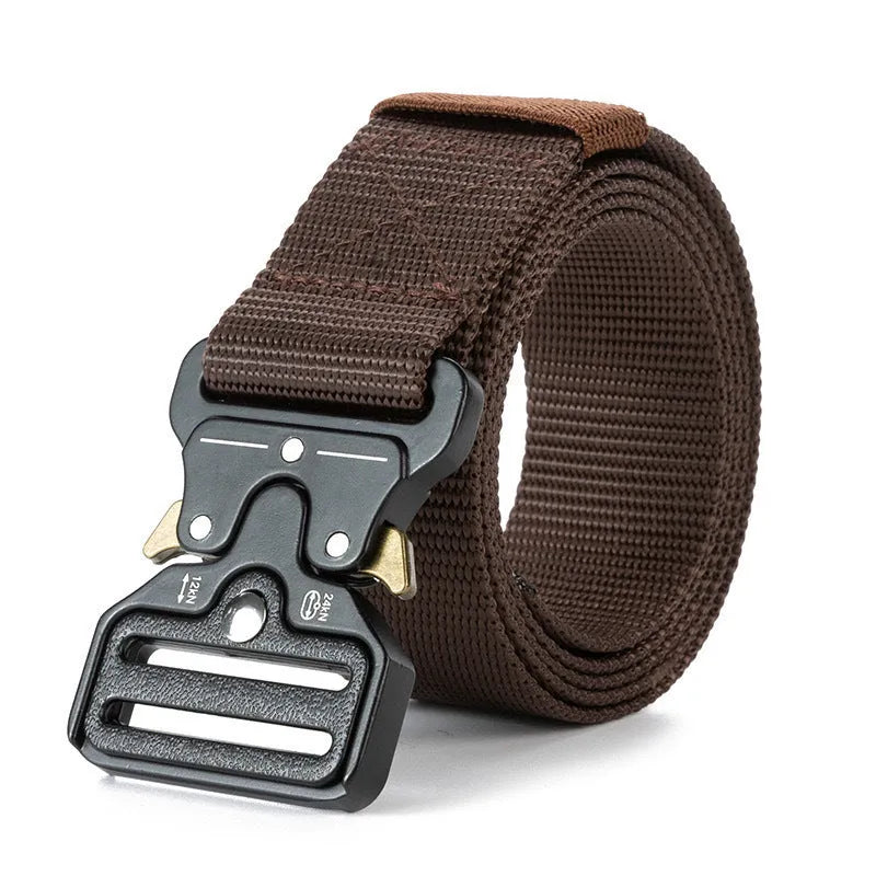 Men's canvas tactical belt showing alloy release buckle and textured 2-4cm width material in Army Green colour
