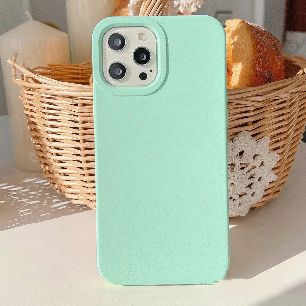 Biodegradable wheat straw fibre iPhone case showing rear protection and precise cutouts for cameras and ports