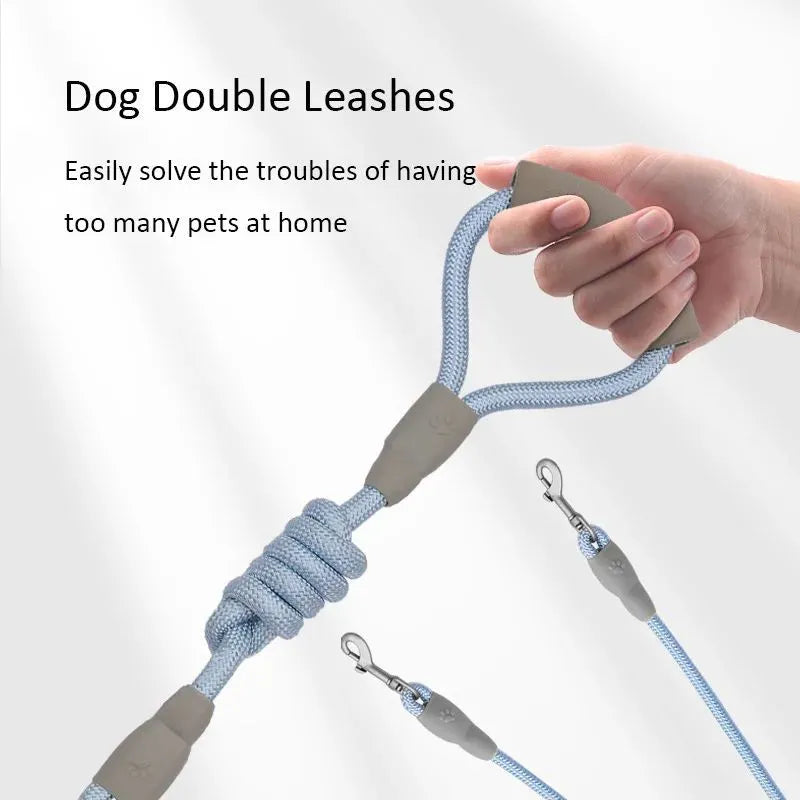 Double-headed dog leash for two small medium dogs with foam handle and metal buckles in multiple colour options