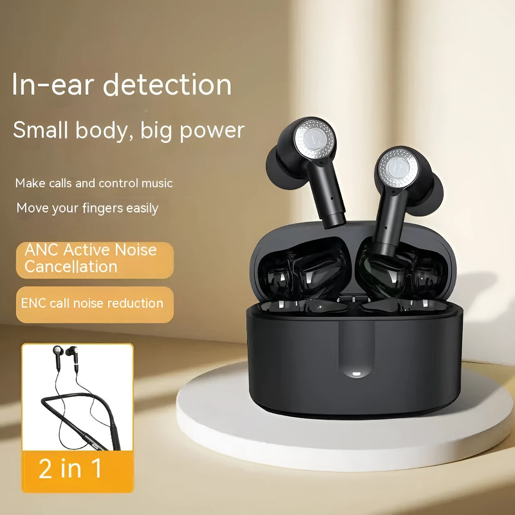 Black plastic in-ear Bluetooth sports headset with halter design, ANC, and 15 metre range