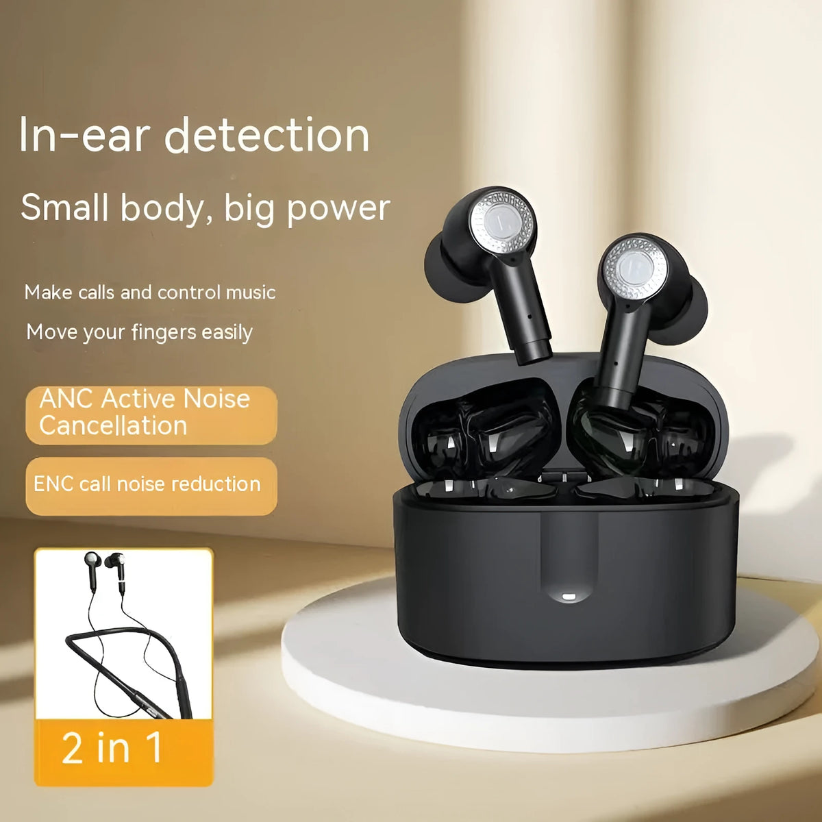 Black plastic in-ear Bluetooth sports headset with halter design, ANC, and 15 metre range