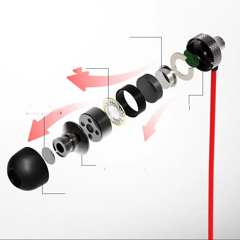 Auricular Metal Fever wired in-ear headphones with microphone in gold, silver, black, or red and black colours.