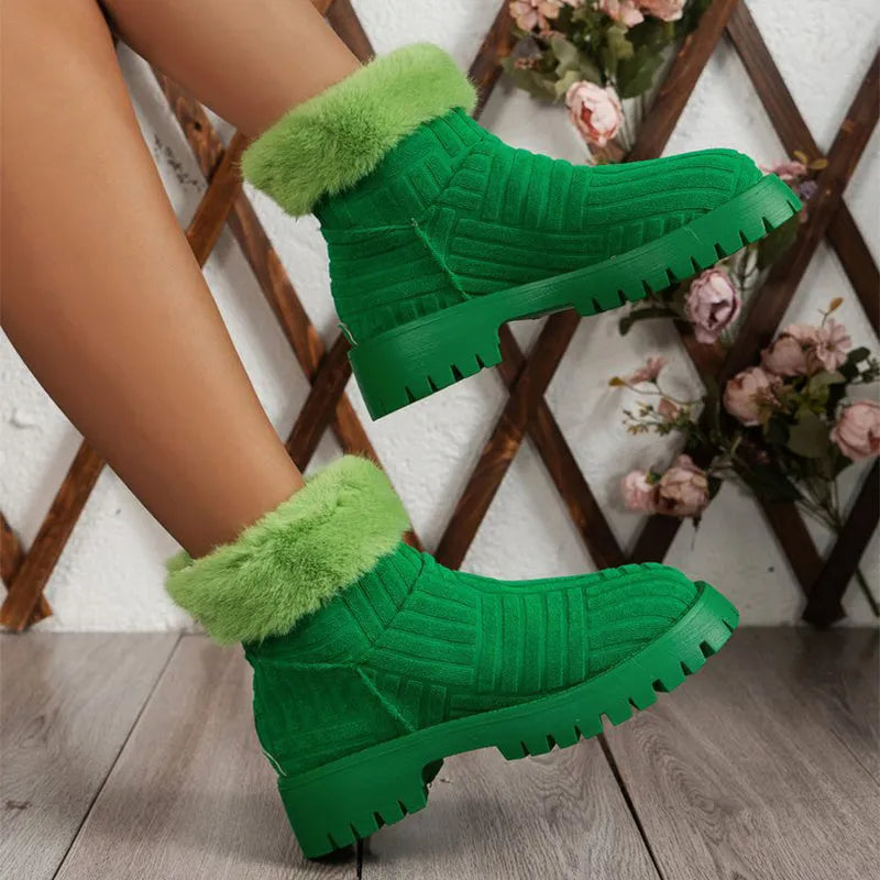 Women's winter ankle boots with thick rubber sole, artificial PU upper and cotton lining, in green or rose red