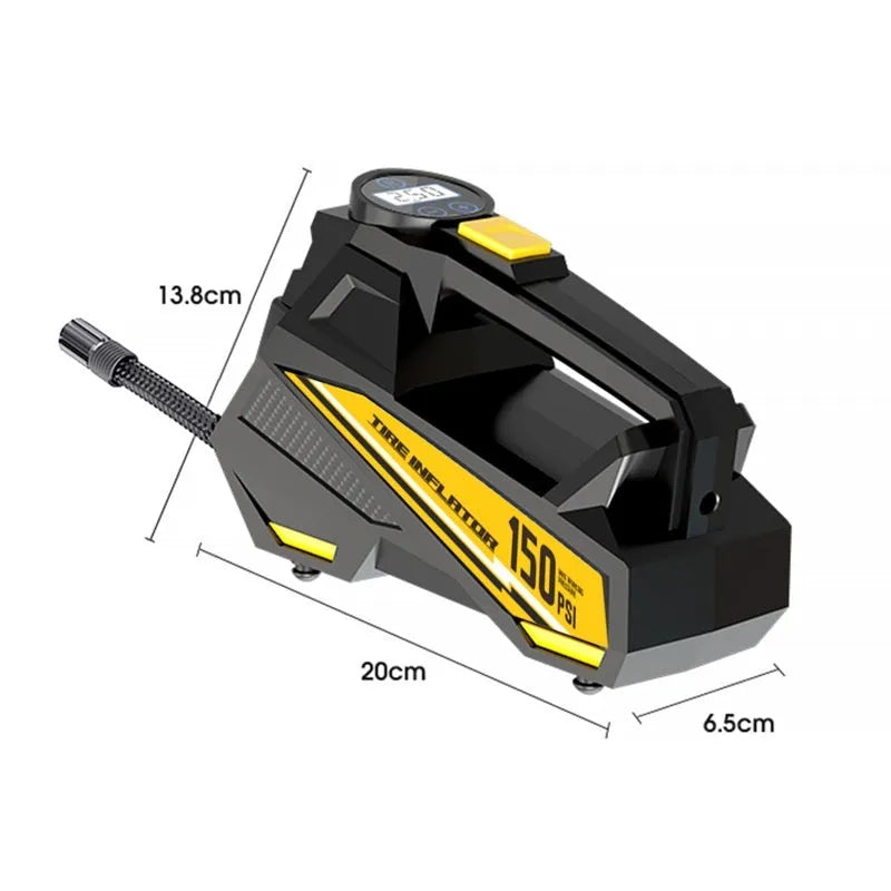 Black portable electric tyre inflator with digital display showing pressure reading, connected to car tyre valve