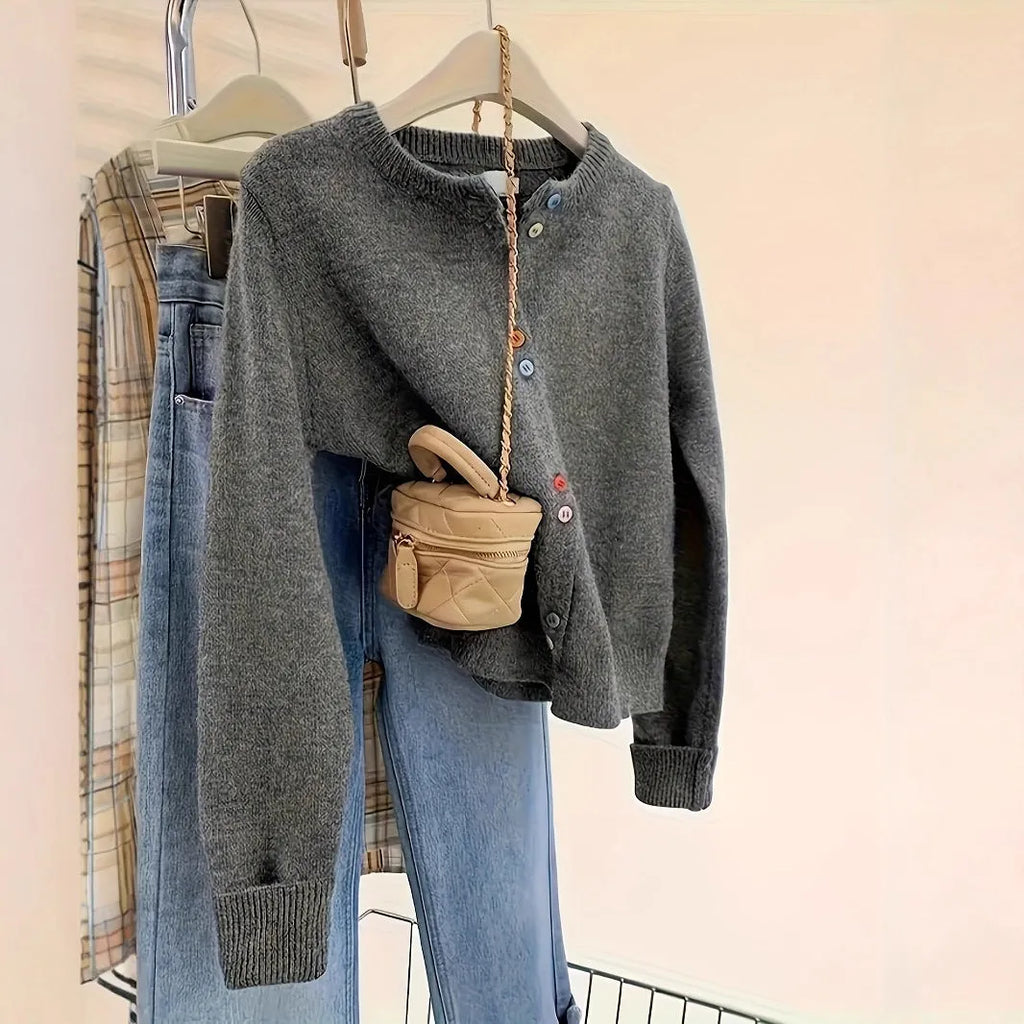 Women's dark grey button-front polyester cardigan with 50cm length and long sleeves for commuter wear