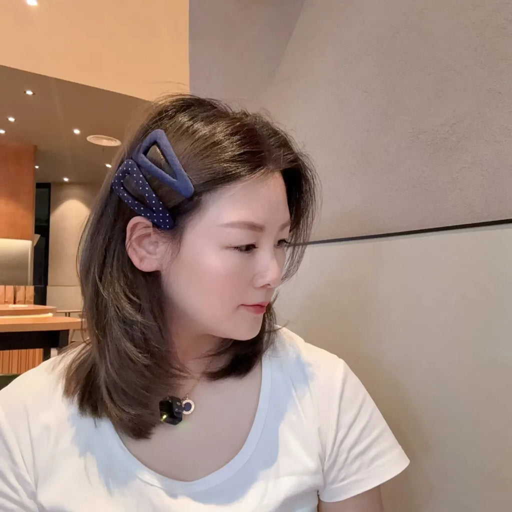 French retro dot barrettes in dark denim triangle, dark denim water drop, polka dot water drop, and polka dot triangle styles