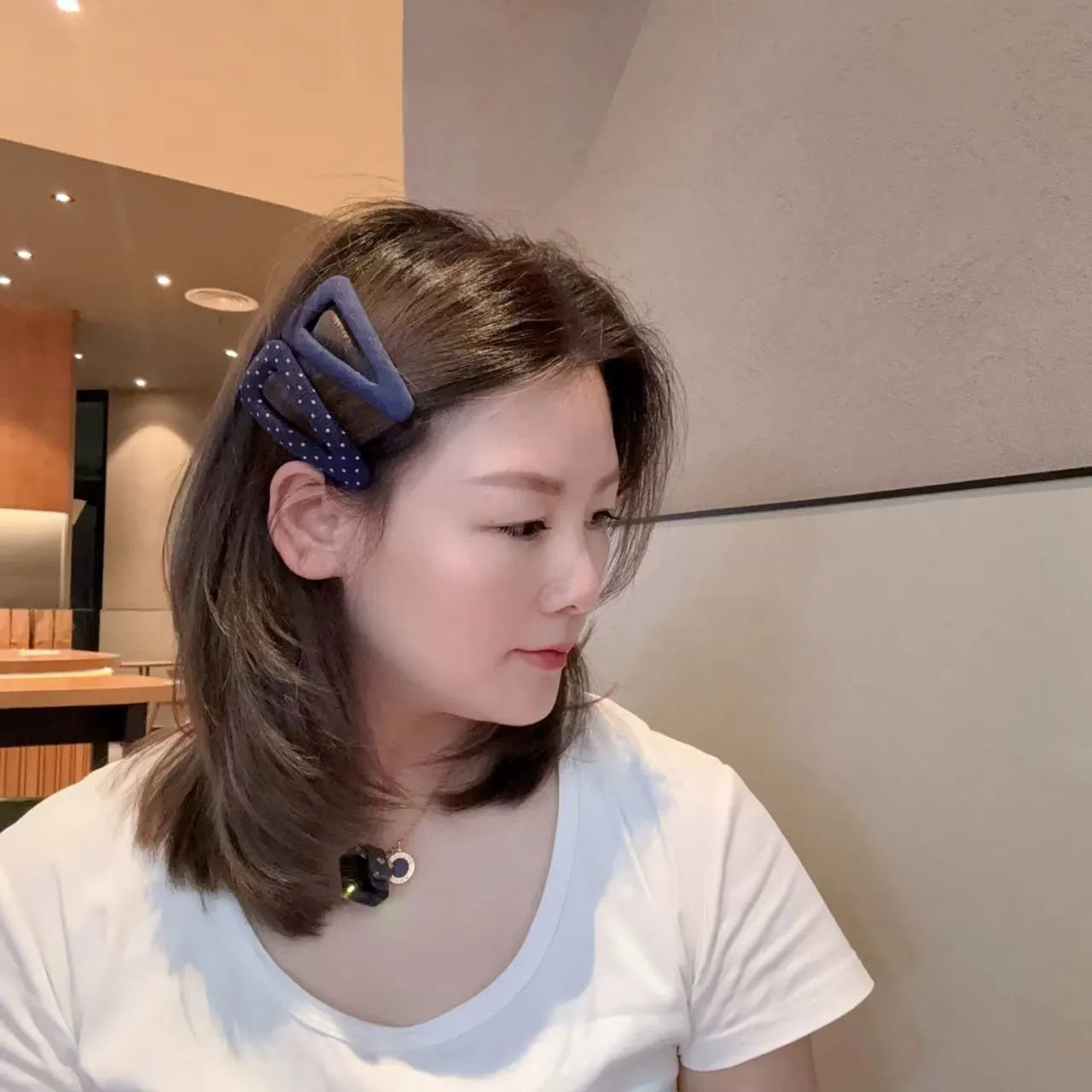 French retro dot barrettes in dark denim triangle, dark denim water drop, polka dot water drop, and polka dot triangle styles