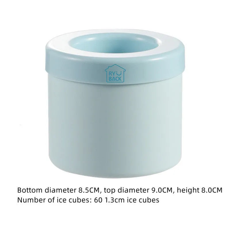 Blue-green portable 2-in-1 ice bucket and mould with lid showing 9 cm diameter and quick-freeze design