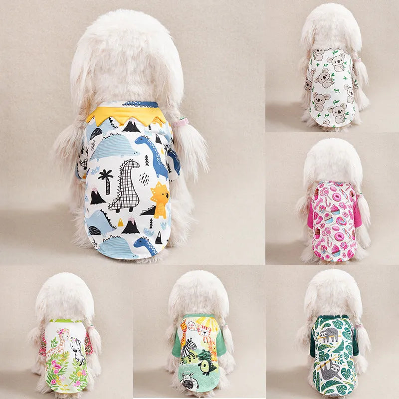 Small dog wearing full printed polyester T-shirt in spring setting