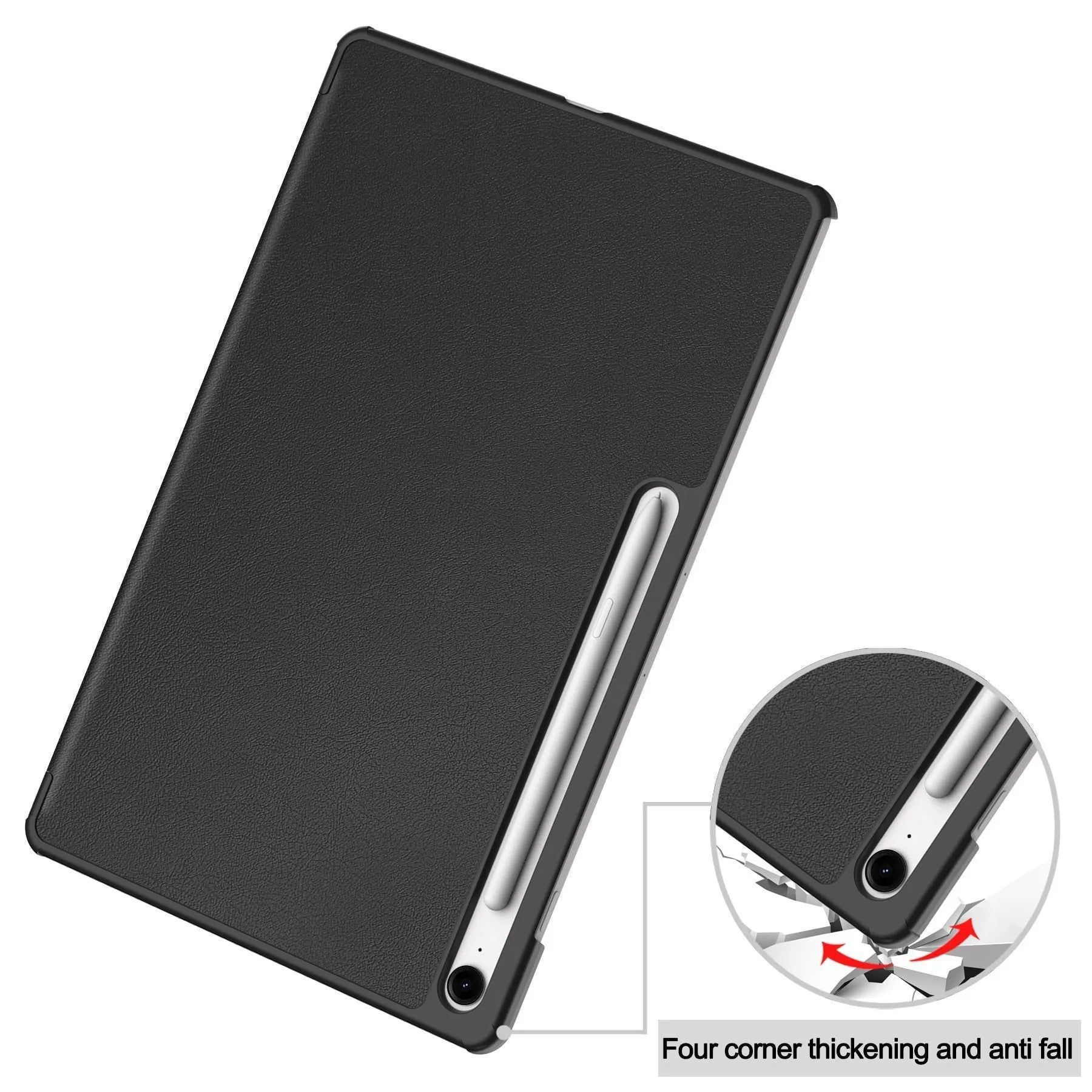 Samsung Tab S10 FE Plus 13.1-inch leather case in black with tri-fold stand and PC material protection