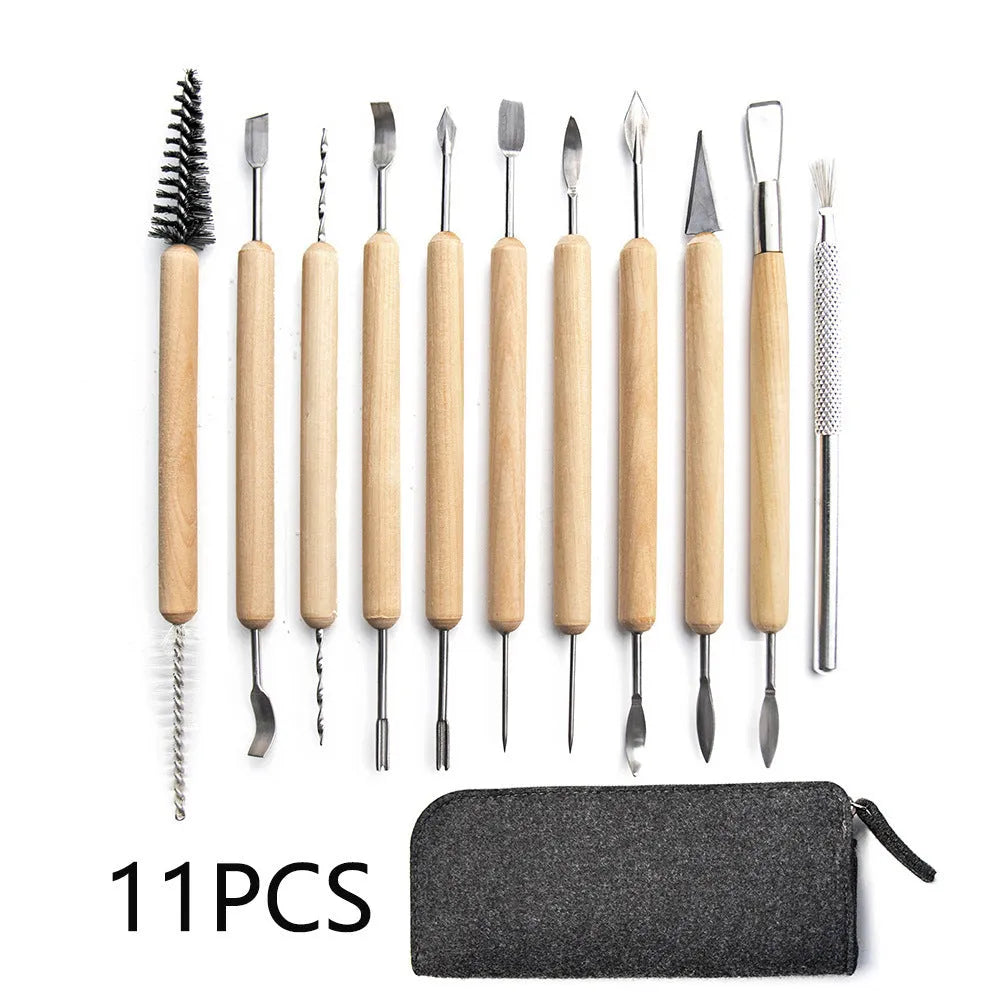 11-piece clay pottery tools set with wooden stainless steel construction and multi-combination repair billet tools