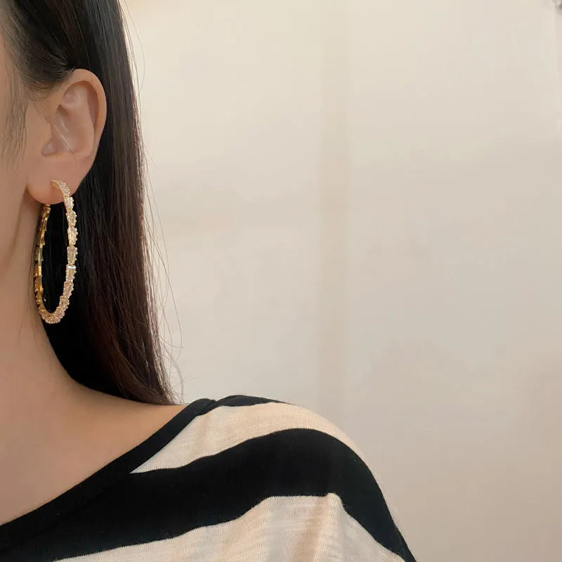 Gold-plated copper big circle hoop earrings with rhinestone inlay and 925 silver needles