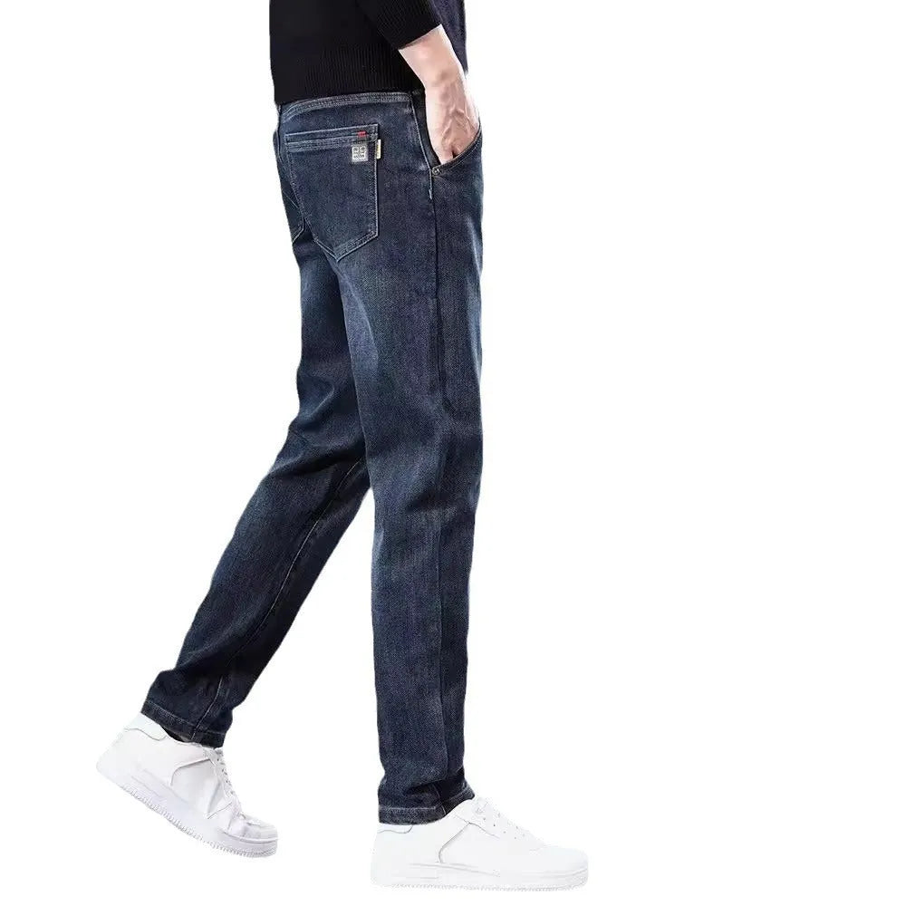 Blue grey slim straight loose casual thin trousers with micro elasticity, mid waist design, and zipper fly, shown on a model for summer wear.