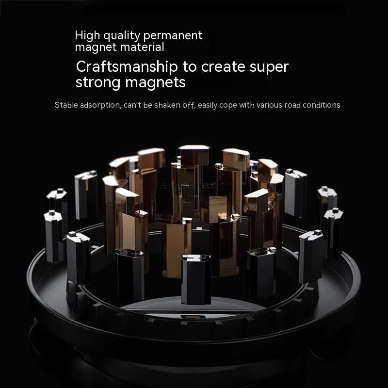 All-metal foldable magnetic car phone mount in Qian colour showing compact folded position and dashboard mounting