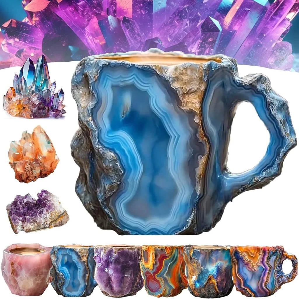 Resin mineral crystal coffee mug with 400ml capacity and 3D crystal structure in purple colour