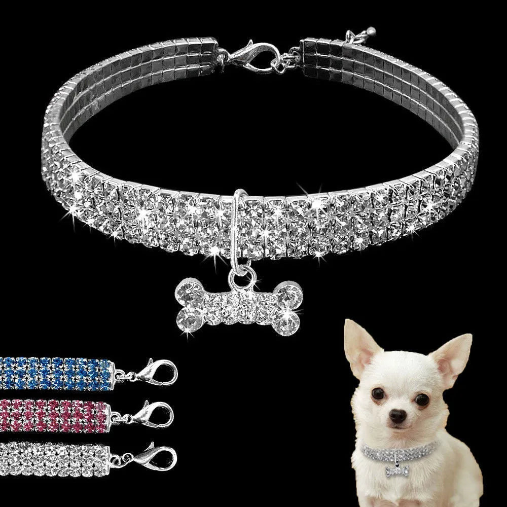 Rhinestone dog collar with crystal pendant in blue, white or pink for small dogs and cats