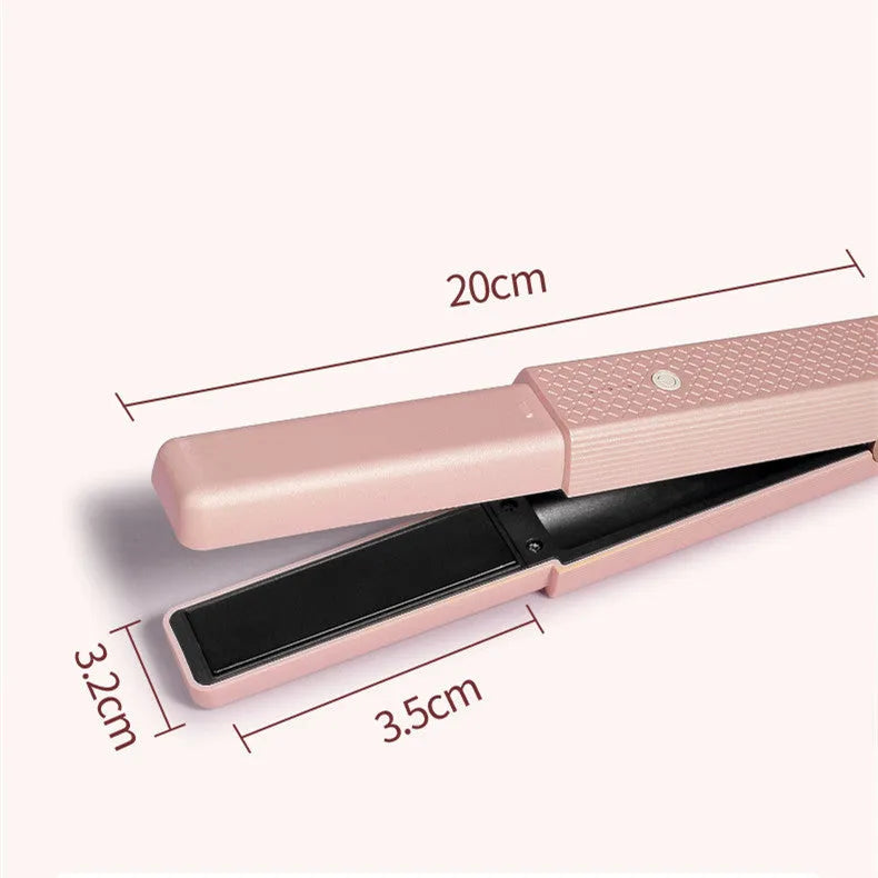 Pink and green cordless USB hair straightener with ceramic plates, shown with USB cable.
