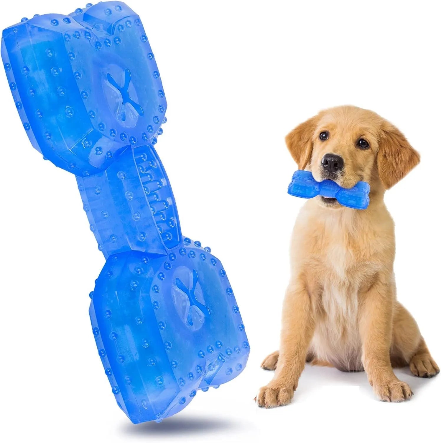 Freezable dog teething cooling chew toy with treat compartment in Bones and Circles shapes