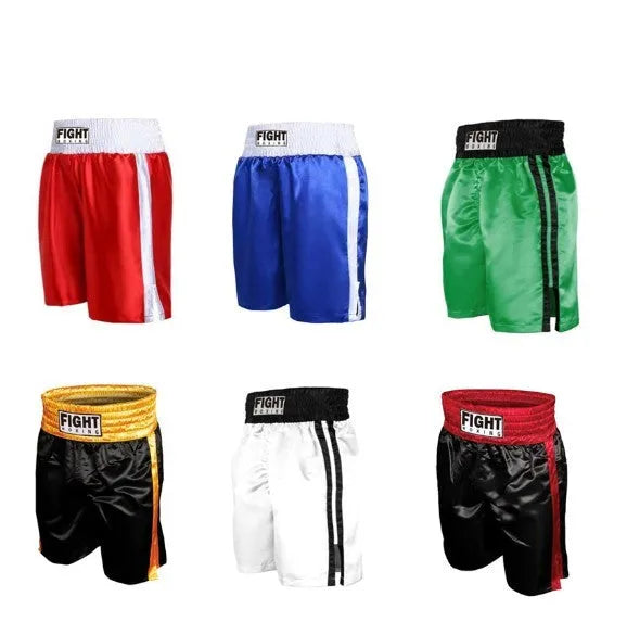 Boxing shorts with elastic waistband and side stripes in black and red colour for kickboxing training