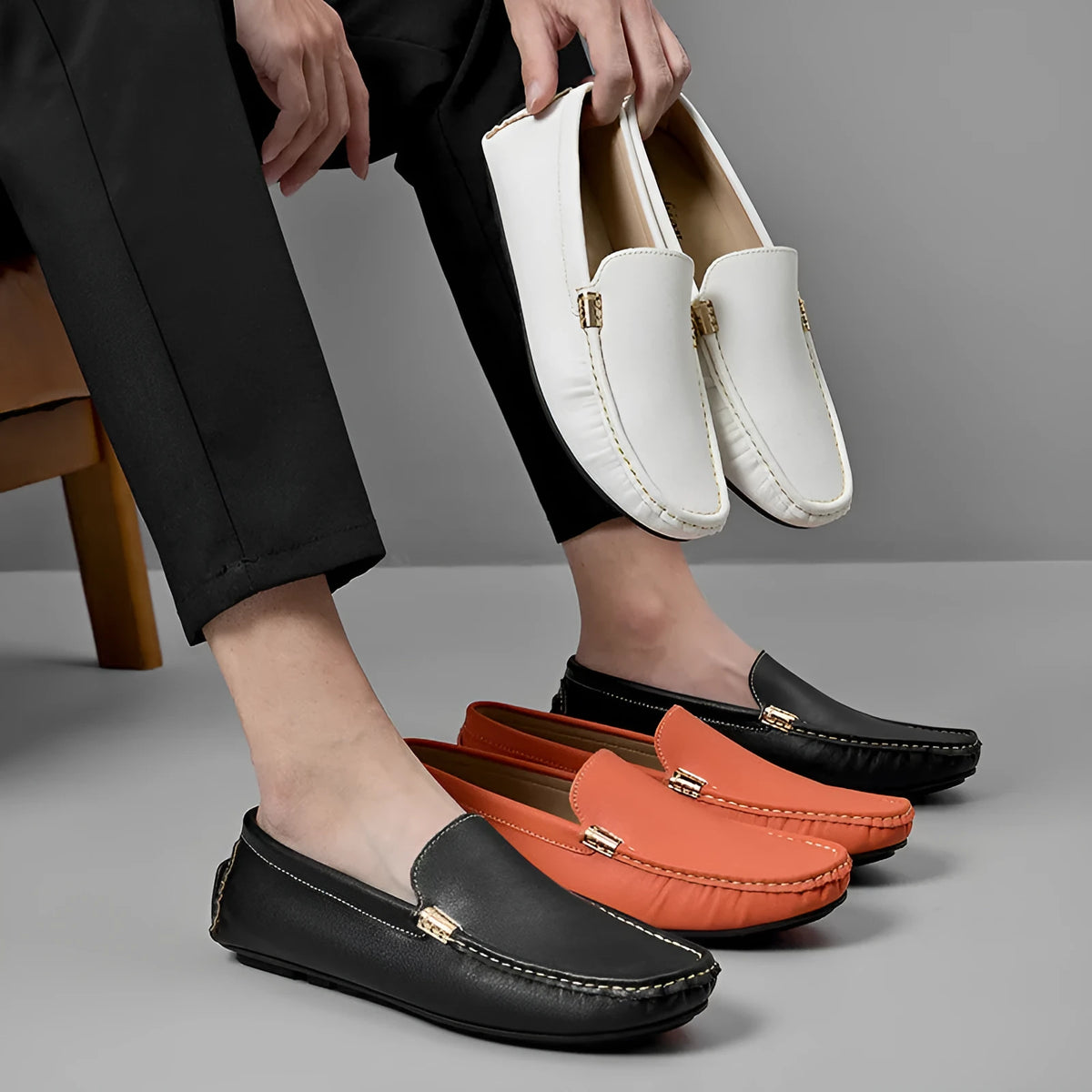 Men's outdoor leather driving shoes, matte two-layer cowhide upper, flat wedge heel, sewn rubber sole, black white orange