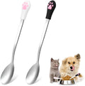 White and black stainless steel pet food spoons with cat paw print and silicone handle
