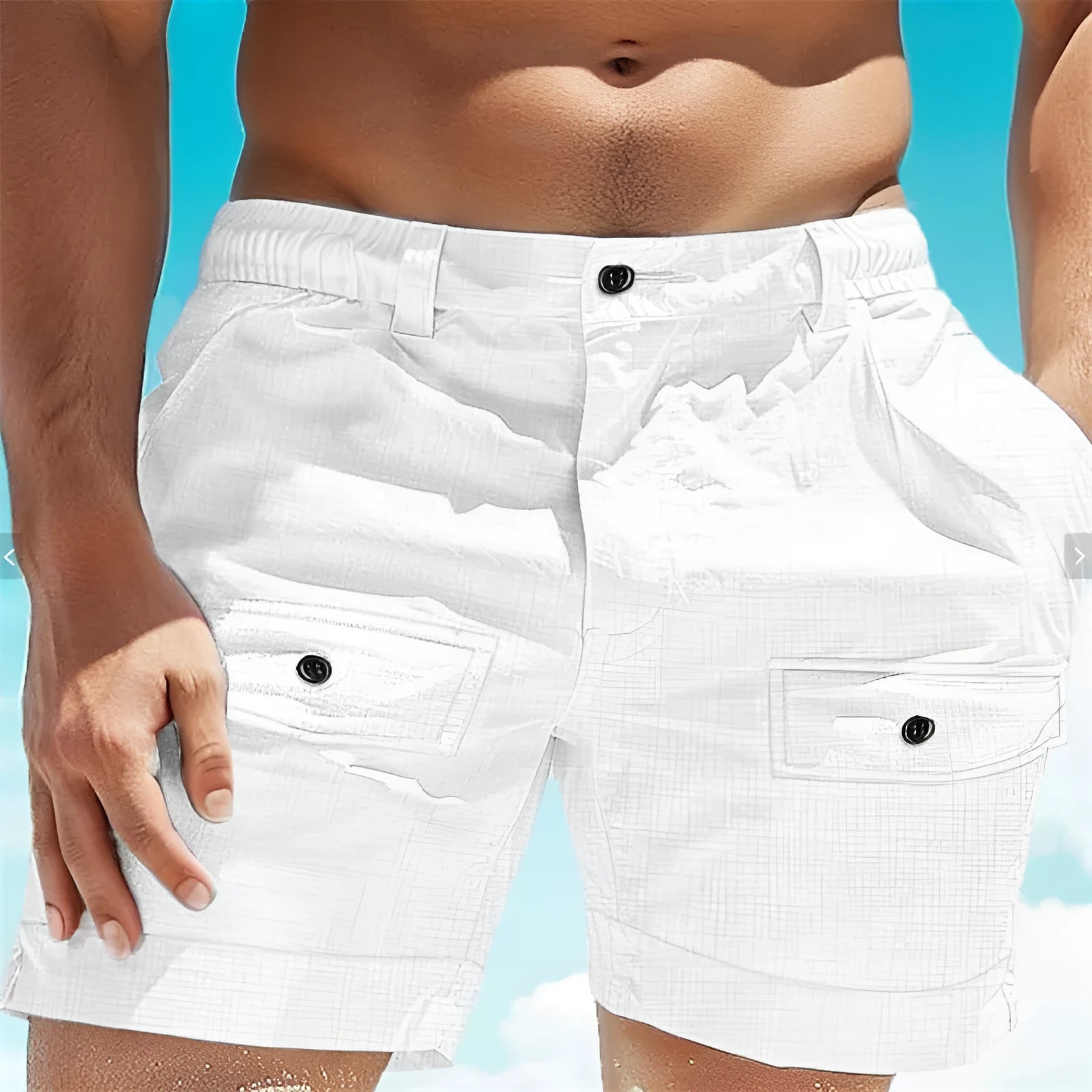 Men's linen shorts with elastic waistband in white colour showing button closure and straight cut design