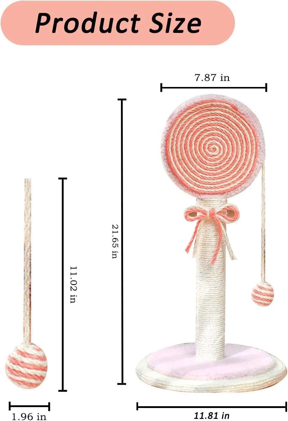 Blue cat scratching post with hanging ball, 32cm tall, on stable base, made of natural sisal rope