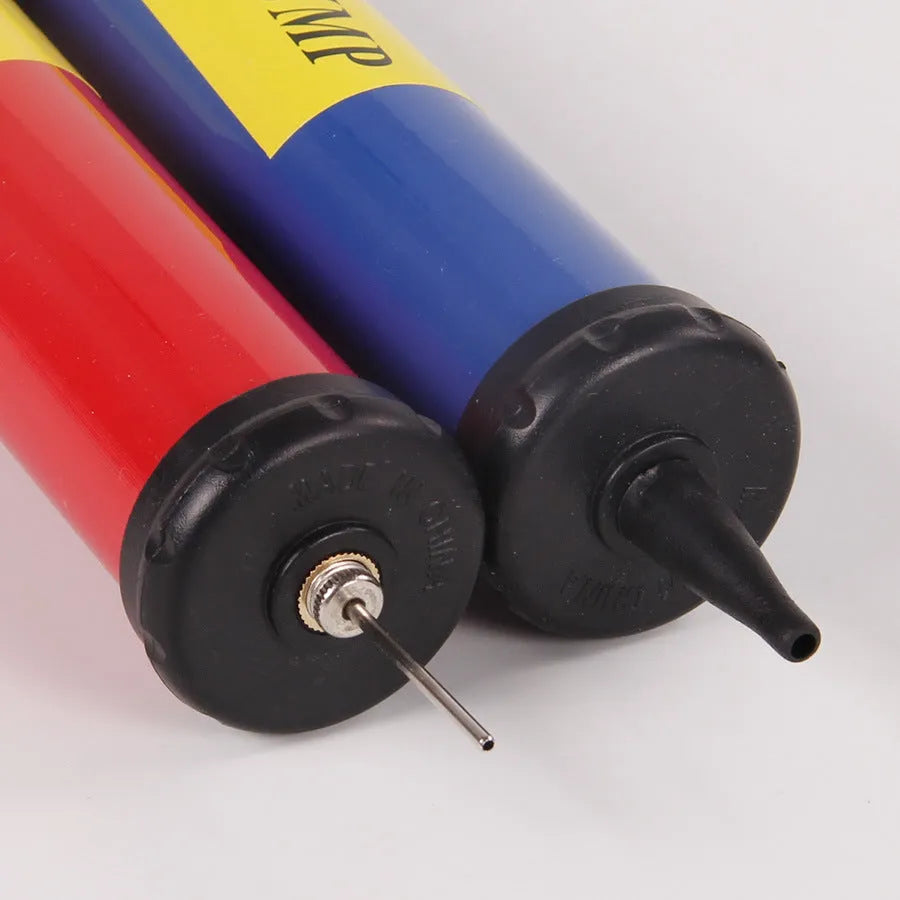 Mixed colour manual pump for inflating balls, available in sizes 20cm, 24cm, 28cm, and 32cm