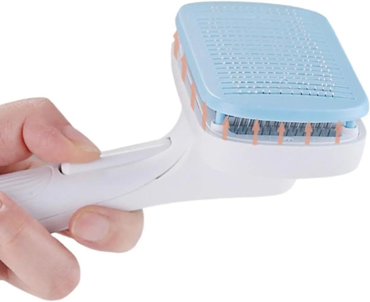 Pet automatic hair removal comb showing 10.7x19.5cm dimensions with one-click hair removal system