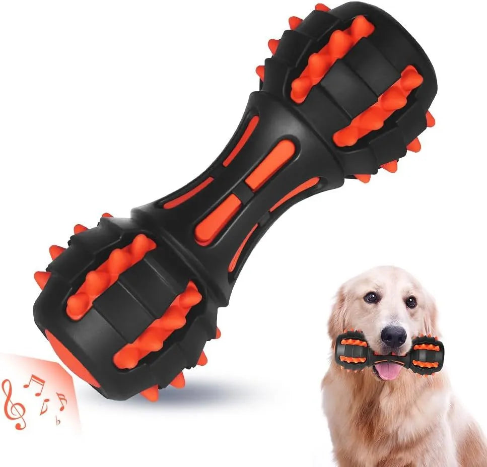 Red dumbbell-shaped dog toy with double-layer rubber construction for aggressive chewers, 175mm length
