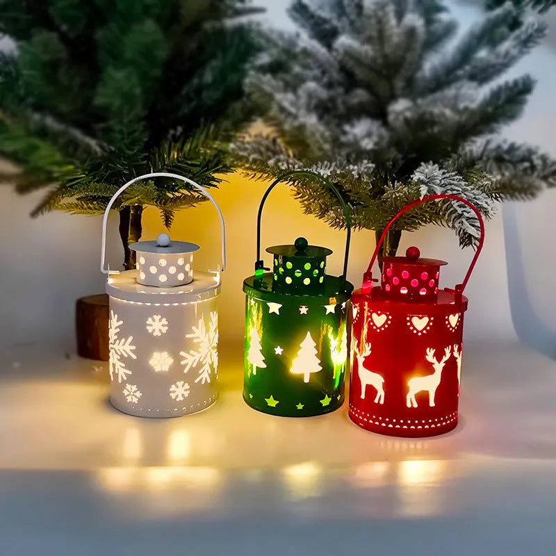 Green wrought iron LED Christmas candle lantern with electronic flickering light