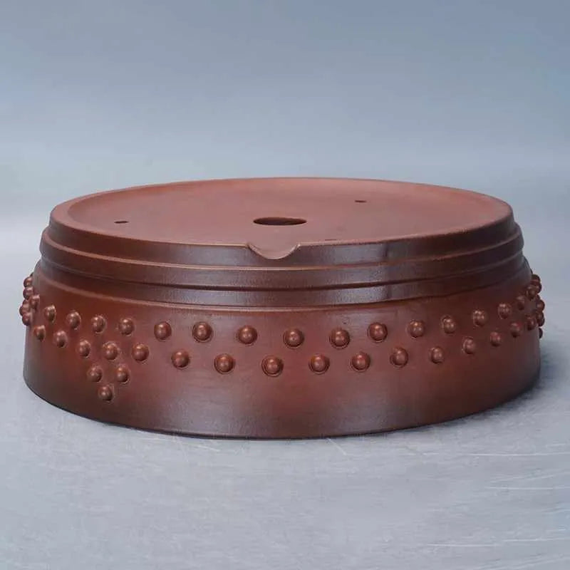Small retro plain cement flower pot with ancient nail round design and breathable purple sand construction