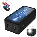 Solar wireless power bank in black with orange accents, showing solar panel and dimensions.