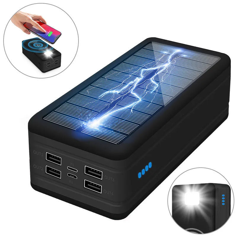Solar wireless power bank in black with orange accents, showing solar panel and dimensions.