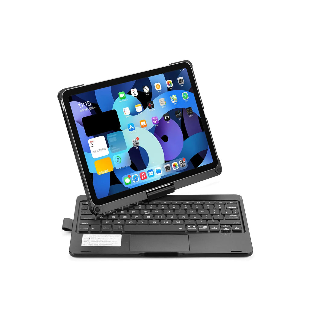 Bluetooth keyboard in black with 360-degree rotating stand and touch backlight for iPad, showing compact design and wireless connectivity.