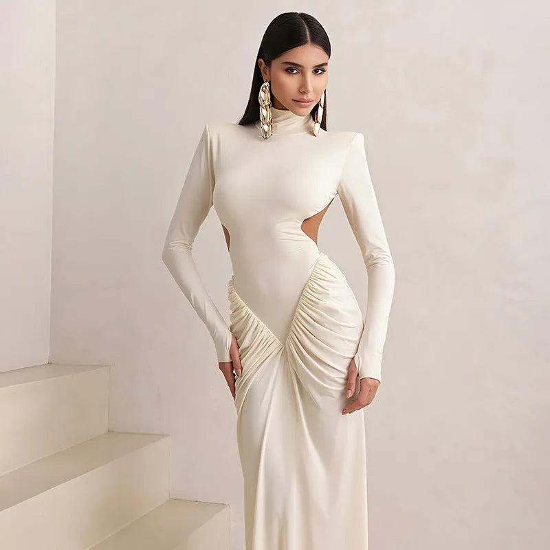 Long sleeve high collar slim fit pleated backless dress in light apricot colour, showcasing private clothing socialite style